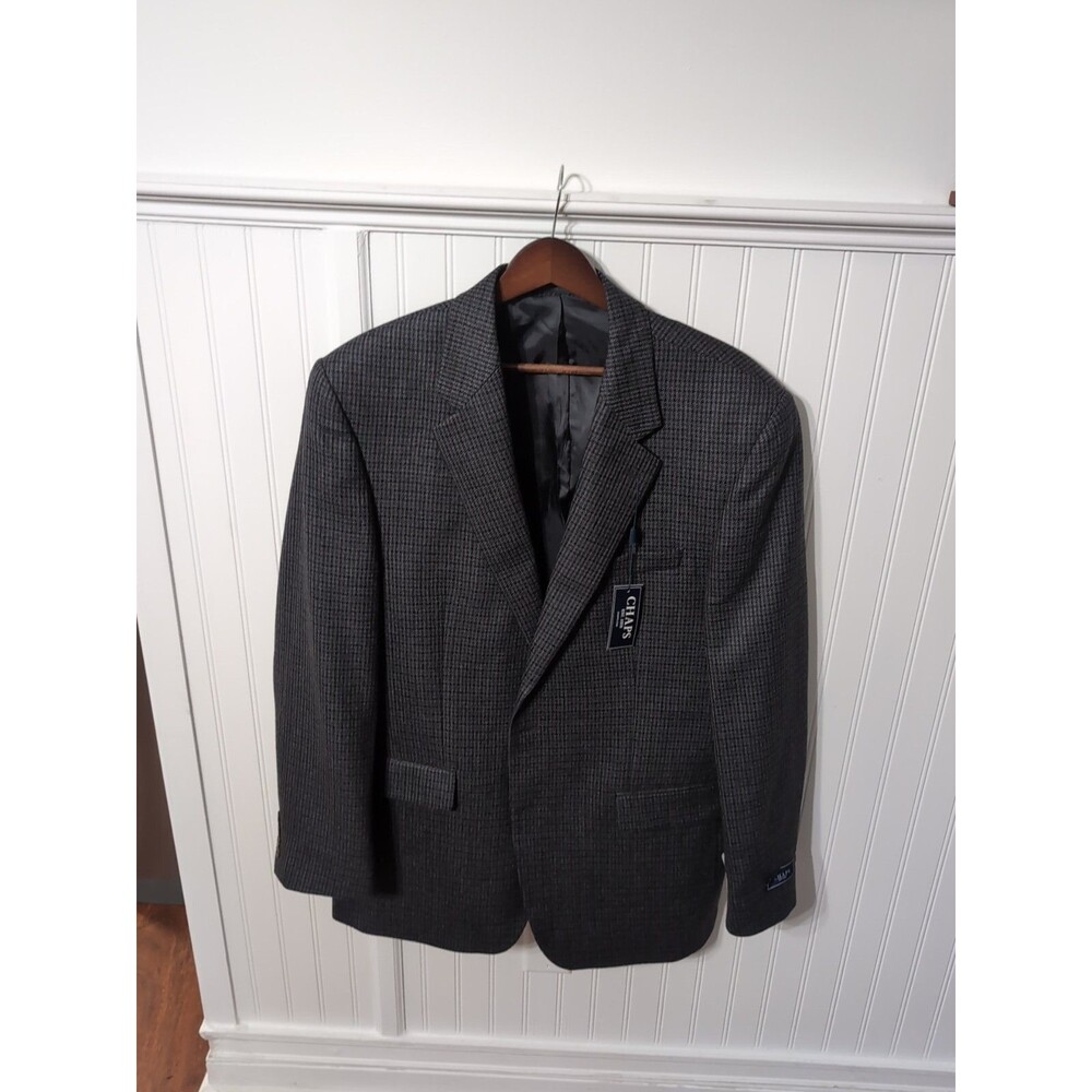 CHAPS SPORT COAT MEN'S 42L NAVY BLUE Lambswool Houndstooth 2 Button Blazer